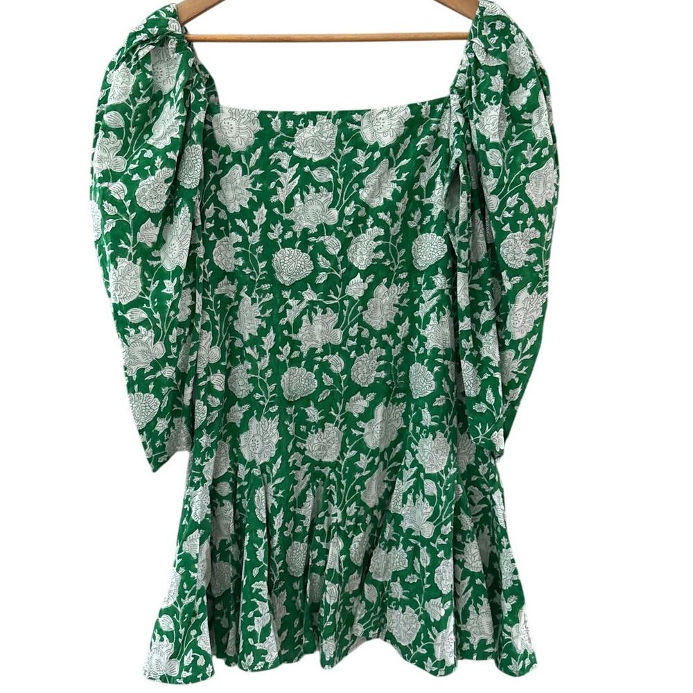 Mille Resort Anais Belted Mini Hand Block Print Dress Green Zinnia Size Small - Picture 6 of 12